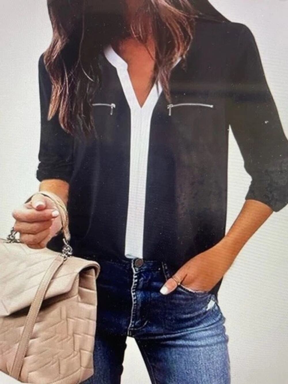 Gaharu Black Shirt Tail Blouse White Trim Roll Tab Sleeves Casual‎ Women's Large